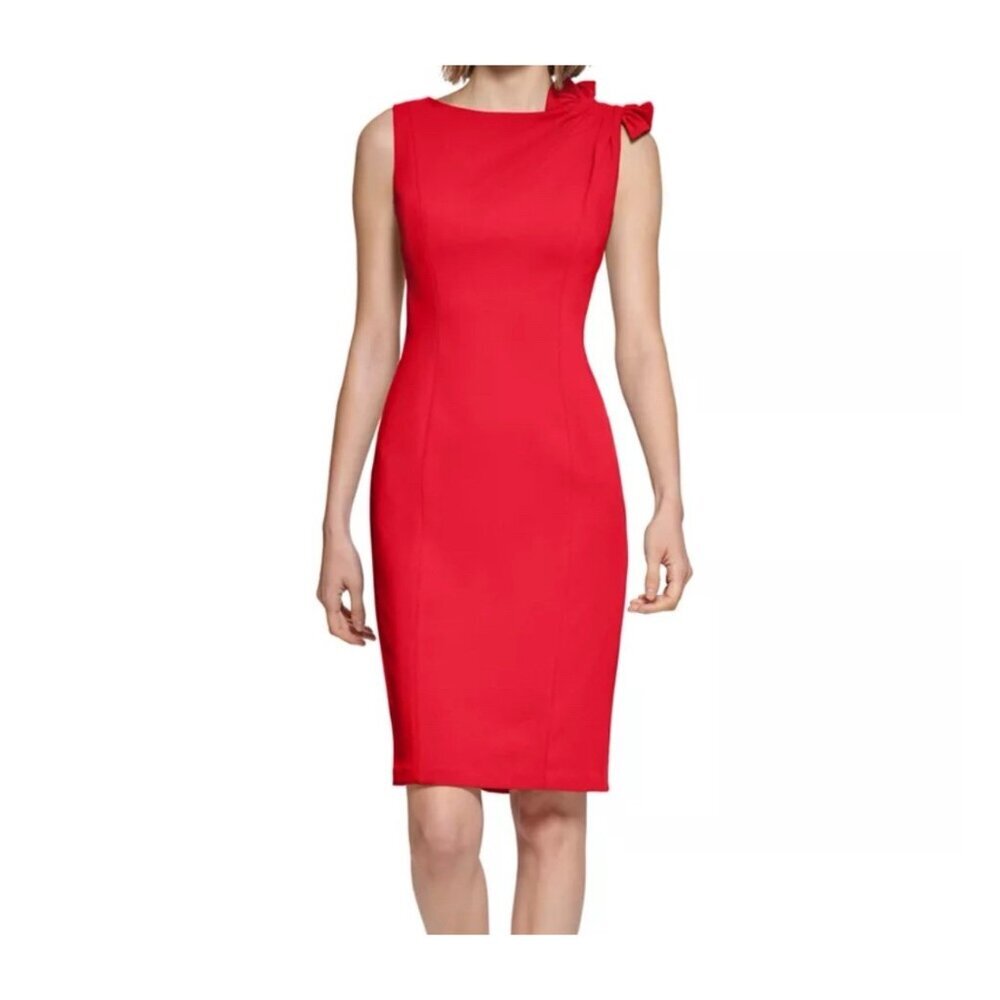 NWT Calvin Klein Woman's Bow-Trim Sheath Red Dress Size 12P